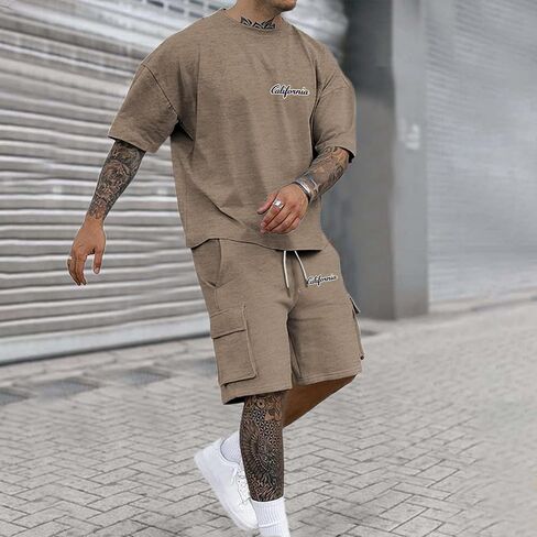 Men Outfits 2 Piece Fashion Casual Summer Drop Shoulder Oversize Tee Shirt Shorts Set Athletic Jogging Tracksuit in Saudi Arabia