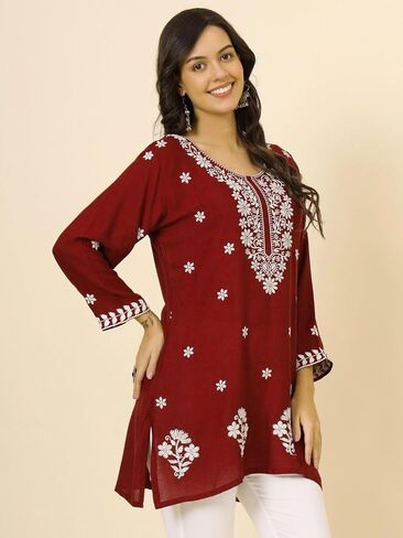 هندي يدوية مطرزة تشيكانكاري للسيدات رايون القصيرة كورتا كورتي تونك للنساء in Kuwait