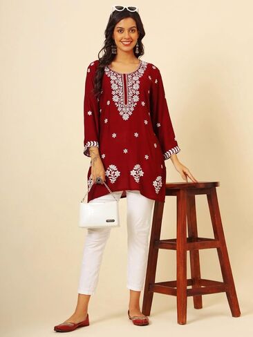 هندي يدوية مطرزة تشيكانكاري للسيدات رايون القصيرة كورتا كورتي تونك للنساء in Kuwait