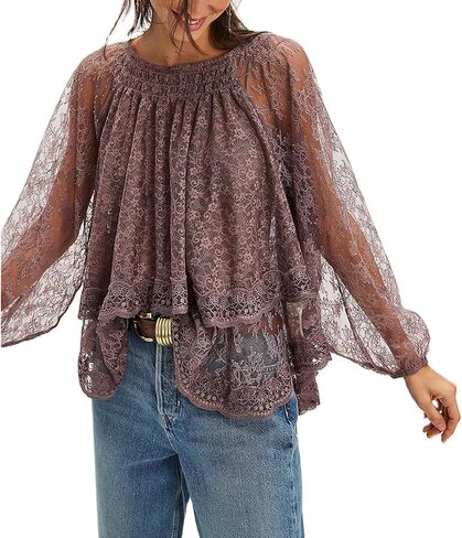 Women Sexy Lace Off Shoulder Top Long Puff Sleeve Tiered Sheer Mesh See Through Tunic Shirt Retro Y2K Dressy Blouse in Saudi Arabia