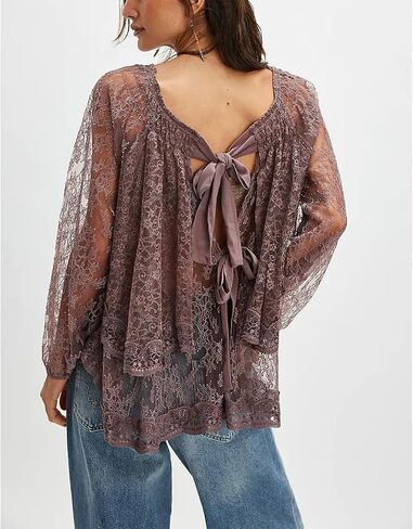 Women Sexy Lace Off Shoulder Top Long Puff Sleeve Tiered Sheer Mesh See Through Tunic Shirt Retro Y2K Dressy Blouse in Saudi Arabia