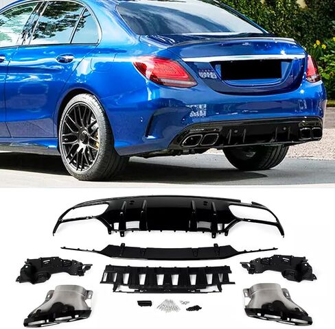 Rear Diffuser Compatibility with 2015-2021 C Class W205 AMG Sedan C300 C43 C63 4Door C63 Style Rear Bumper Chin Diffuser Lip Spoiler + Exhaust (Gloss Black) in Saudi Arabia