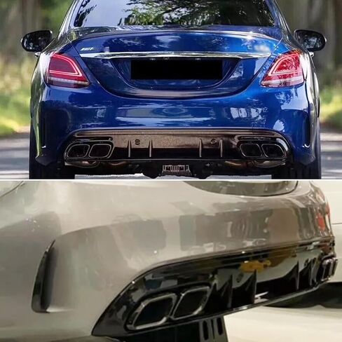 Rear Diffuser Compatibility with 2015-2021 C Class W205 AMG Sedan C300 C43 C63 4Door C63 Style Rear Bumper Chin Diffuser Lip Spoiler + Exhaust (Gloss Black) in Saudi Arabia