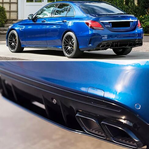 Rear Diffuser Compatibility with 2015-2021 C Class W205 AMG Sedan C300 C43 C63 4Door C63 Style Rear Bumper Chin Diffuser Lip Spoiler + Exhaust (Gloss Black) in Saudi Arabia
