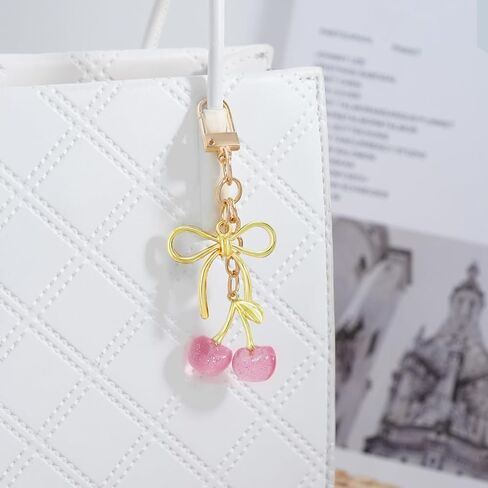 Tiny Cherry Keychain Cute Pink Cherry Key Chain for Women Glitter Small Bag Charms Car Keys Accessories in Saudi Arabia