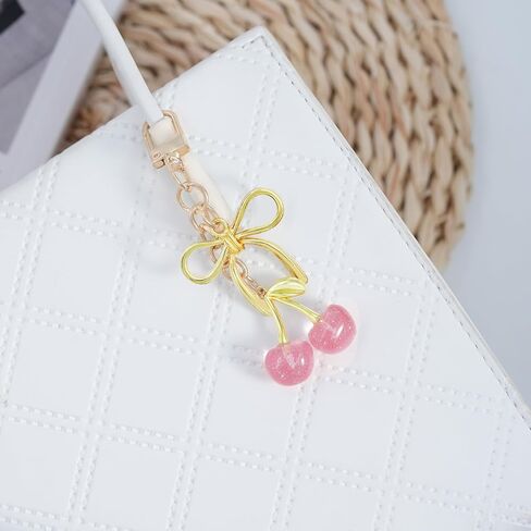 Tiny Cherry Keychain Cute Pink Cherry Key Chain for Women Glitter Small Bag Charms Car Keys Accessories in Saudi Arabia