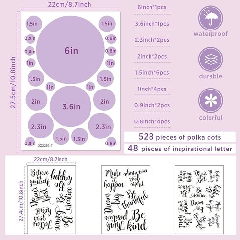 Tallew 576 Pcs Polka Dot Wall Decals Inspirational Wall Decal for Classroom Motivational Quote Circle Wall Sticker Removable Lettering Positive Saying Sticker for Dance Yoga Gym(Morandi Color) in Saudi Arabia