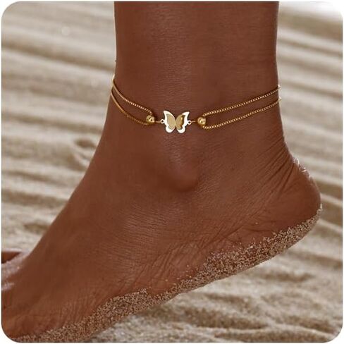 Gold Ankle Bracelets for Women 14k Gold Plated Titanium Steel Waterproof Layered Cuban Link Beaded Heart Star Butterfly Anklets Set Summer Beach Foot Jewelry Anklets for Jewelry Gift in Kuwait