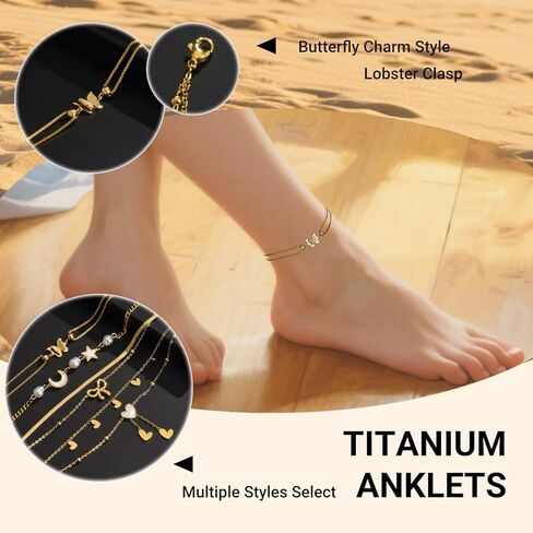Gold Ankle Bracelets for Women 14k Gold Plated Titanium Steel Waterproof Layered Cuban Link Beaded Heart Star Butterfly Anklets Set Summer Beach Foot Jewelry Anklets for Jewelry Gift in Kuwait