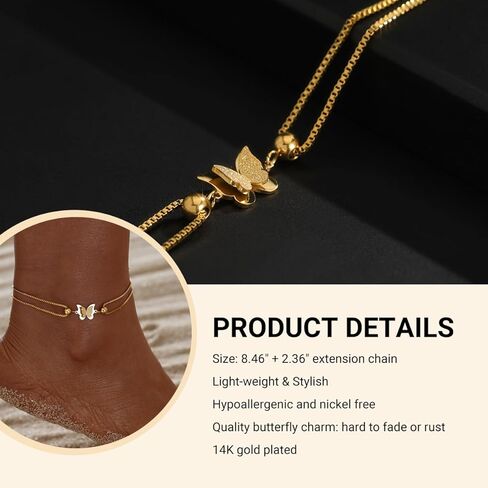 Gold Ankle Bracelets for Women 14k Gold Plated Titanium Steel Waterproof Layered Cuban Link Beaded Heart Star Butterfly Anklets Set Summer Beach Foot Jewelry Anklets for Jewelry Gift in Kuwait