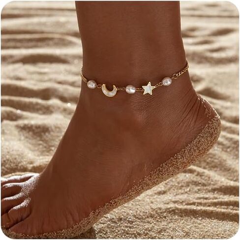 Gold Ankle Bracelets for Women 14k Gold Plated Titanium Steel Waterproof Layered Cuban Link Beaded Heart Star Butterfly Anklets Set Summer Beach Foot Jewelry Anklets for Jewelry Gift in Kuwait