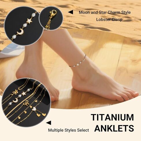 Gold Ankle Bracelets for Women 14k Gold Plated Titanium Steel Waterproof Layered Cuban Link Beaded Heart Star Butterfly Anklets Set Summer Beach Foot Jewelry Anklets for Jewelry Gift in Kuwait