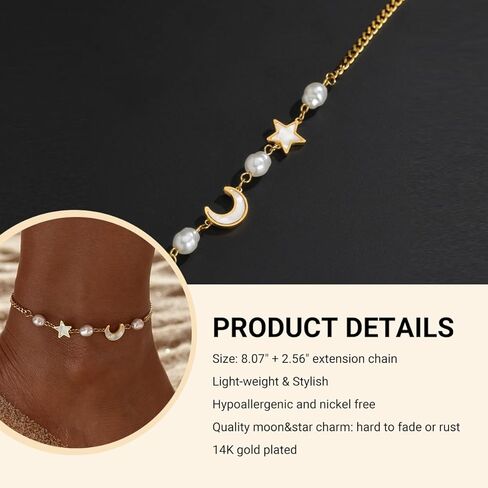 Gold Ankle Bracelets for Women 14k Gold Plated Titanium Steel Waterproof Layered Cuban Link Beaded Heart Star Butterfly Anklets Set Summer Beach Foot Jewelry Anklets for Jewelry Gift in Kuwait