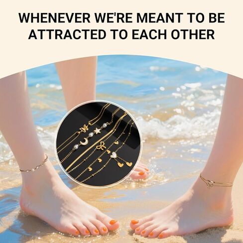 Gold Ankle Bracelets for Women 14k Gold Plated Titanium Steel Waterproof Layered Cuban Link Beaded Heart Star Butterfly Anklets Set Summer Beach Foot Jewelry Anklets for Jewelry Gift in Kuwait