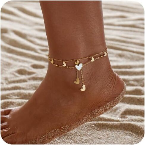Gold Ankle Bracelets for Women 14k Gold Plated Titanium Steel Waterproof Layered Cuban Link Beaded Heart Star Butterfly Anklets Set Summer Beach Foot Jewelry Anklets for Jewelry Gift in Kuwait
