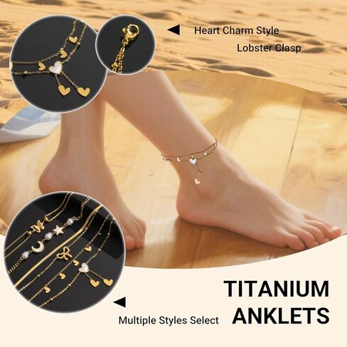 Gold Ankle Bracelets for Women 14k Gold Plated Titanium Steel Waterproof Layered Cuban Link Beaded Heart Star Butterfly Anklets Set Summer Beach Foot Jewelry Anklets for Jewelry Gift in Kuwait