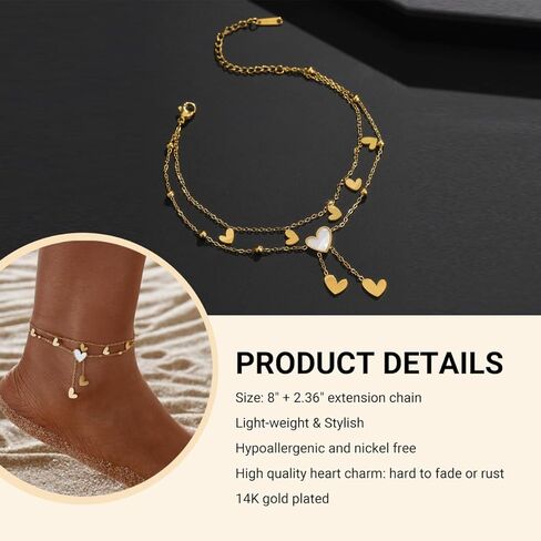 Gold Ankle Bracelets for Women 14k Gold Plated Titanium Steel Waterproof Layered Cuban Link Beaded Heart Star Butterfly Anklets Set Summer Beach Foot Jewelry Anklets for Jewelry Gift in Kuwait
