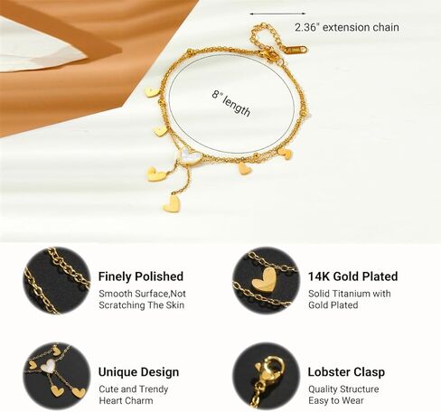 Gold Ankle Bracelets for Women 14k Gold Plated Titanium Steel Waterproof Layered Cuban Link Beaded Heart Star Butterfly Anklets Set Summer Beach Foot Jewelry Anklets for Jewelry Gift in Kuwait