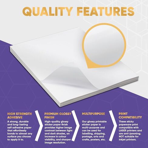 ورق ملصقات أستراليا A4، ورق أبيض لامع، 50 ورقة، ورق لاصق لامع فاخر ذاتي اللصق لطابعة الليزر فقط، أوراق ملصقات قابلة للطباعة بسمك 80 جرامًا للمتر المربع in Kuwait