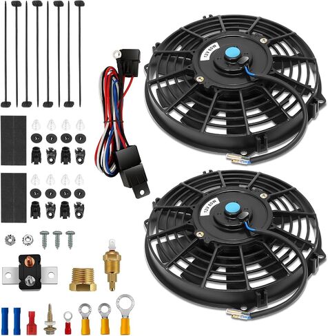 Auto Dynasty Electric Radiator Fan, Dual Universal 9 Inch Radiator Cooling Fans Assembly w/Thermostat Wiring Switch Relay Kit, Natural Black in Saudi Arabia
