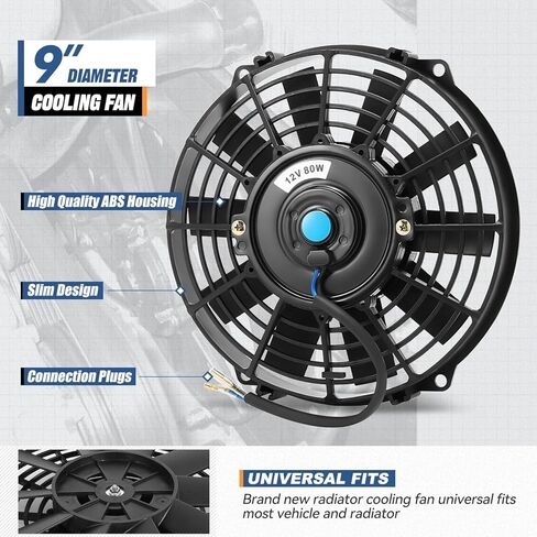 Auto Dynasty Electric Radiator Fan, Dual Universal 9 Inch Radiator Cooling Fans Assembly w/Thermostat Wiring Switch Relay Kit, Natural Black in Saudi Arabia