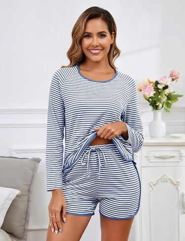 Cotton Pajama Sets for Women Soft Stripe Lounge Set Long Sleeve Shorts Pj Set Loungewear Sleepwear with Pockets in Kuwait
