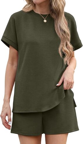 IWOLLENCE Womens 2 Piece Sets Summer Lounge Set Casual Short Sleeve Round Neck Tops and Elastic Waist Short Outfits Tracksuit in Kuwait