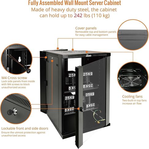 Fully Welded Server Cabinet, 15U Wall Mount Rack, 27.6inch Depth Network Rack, Glass Door, Swing Out, Load Bearing 242lbs (110 kg), Network Cabinet for 19in Computer/AV/Data/IT Equipment in Kuwait
