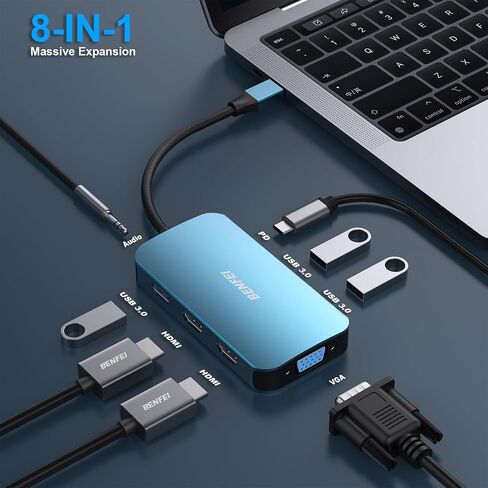 BENFEI USB C Docking Station, 8-in-1 USB C Hub with Triple Display Dual HDMI, VGA, 3*USB 3.0, 100W Power Delivery, 3.5mm AUX Audio Compatible with MacBook Pro, XPS and More in Kuwait