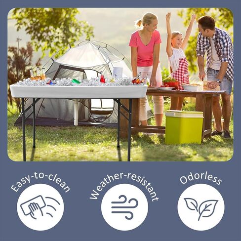 4FT Folding Ice Cooler Table with Removable Matching Skirt, Portable Plastic Chilling Table, Fishing Cleaning and Keeping Food Fresh, Outdoor Cooler Table for Parties, BBQ, Camping &Picnics in Kuwait