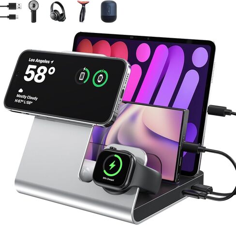 5 in 1 Wireless Charging Station Magnetic Wireless Mag-Safe Fast Charger Stand for Apple Devices Wireless Charger for iPhone 16/15/14/13/12 Pro Max Series, iWatch Series & Airpods Pro, Black in Kuwait