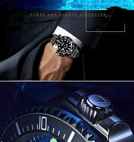 LOREO Mens Silver Stainless Steel Sapphire Glass Black Rotating Bezel Men's Automatic Watch in Saudi Arabia
