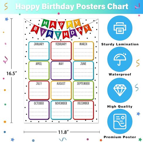 Fasoor Boho Happy Birthday Chart Poster for Classroom Confetti Birthday Calendar Poster Class Birthday Chart Posters for Bulletin Board Decorations Back To School Teacher Gifts Supplies in Kuwait