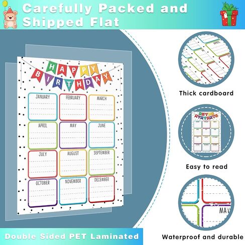 Fasoor Boho Happy Birthday Chart Poster for Classroom Confetti Birthday Calendar Poster Class Birthday Chart Posters for Bulletin Board Decorations Back To School Teacher Gifts Supplies in Kuwait