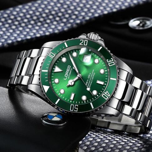 LOREO Mens Silver Stainless Steel Sapphire Glass Black Rotating Bezel Men's Automatic Watch in Saudi Arabia