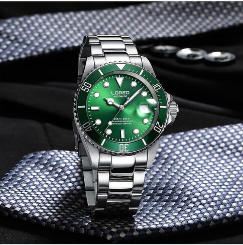 LOREO Mens Silver Stainless Steel Sapphire Glass Black Rotating Bezel Men's Automatic Watch in Saudi Arabia