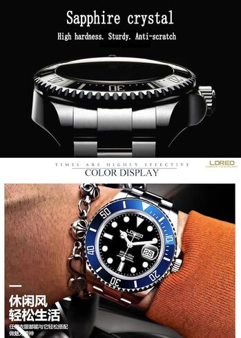 LOREO Mens Silver Stainless Steel Sapphire Glass Black Rotating Bezel Men's Automatic Watch in Saudi Arabia