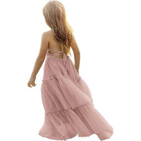 Boho Flower Girls Dress Tulle Backless Ruffle Girls Dress Beach Wedding Tiered Flowy Party Maxi Gown in Kuwait
