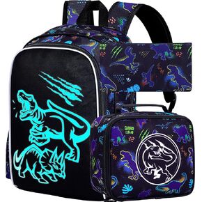 KLFVB 3PCS Boys Dinosaur Backpack, Luminous School Backpacks with Lunch Box, 17" Water Resistant Kids Camo Bookbag for Middle Elementary Teens to School Travel - Luminous Dinosaur in Kuwait