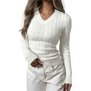 Verdusa Women's Cable Knit Sweater V Neck Long Sleeve Slim Fitted Casual Pullover Tops in Kuwait