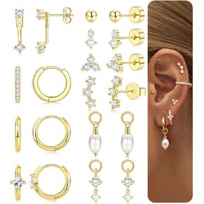 Florideco Hypoallergenic Gold Earrings for Women Surgical Stainless Steel Flat Back Earrings 14K Gold Small Stud Hoop Earring Stacks with CZ Charm Cartilage Earring Set for Multiple Piercing Jewelry in Saudi Arabia