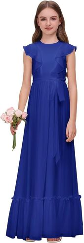 Chiffon Junior Bridesmaid Dress for Wedding Ruffle Sleeves Crew Neck Long Belt Party Formal Flower Girl Dress in Saudi Arabia