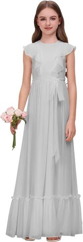 Chiffon Junior Bridesmaid Dress for Wedding Ruffle Sleeves Crew Neck Long Belt Party Formal Flower Girl Dress in Saudi Arabia