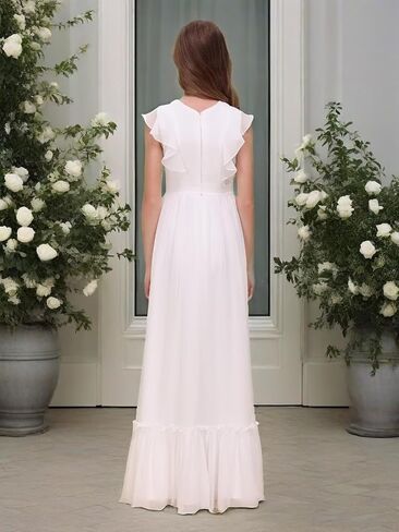 Chiffon Junior Bridesmaid Dress for Wedding Ruffle Sleeves Crew Neck Long Belt Party Formal Flower Girl Dress in Saudi Arabia