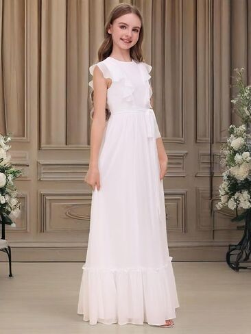 Chiffon Junior Bridesmaid Dress for Wedding Ruffle Sleeves Crew Neck Long Belt Party Formal Flower Girl Dress in Saudi Arabia