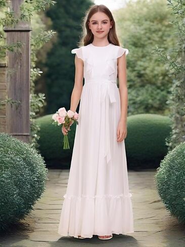 Chiffon Junior Bridesmaid Dress for Wedding Ruffle Sleeves Crew Neck Long Belt Party Formal Flower Girl Dress in Saudi Arabia