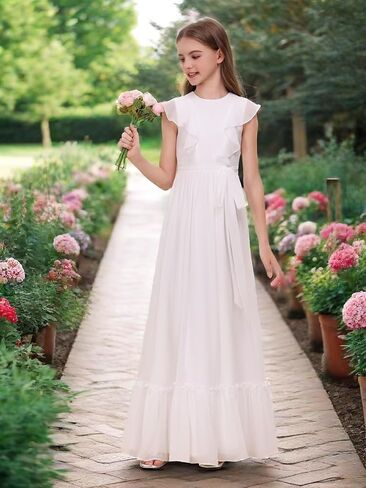 Chiffon Junior Bridesmaid Dress for Wedding Ruffle Sleeves Crew Neck Long Belt Party Formal Flower Girl Dress in Saudi Arabia
