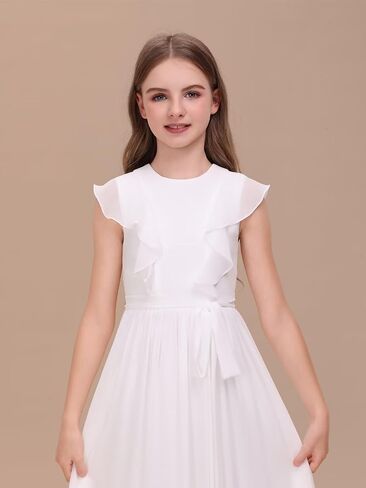 Chiffon Junior Bridesmaid Dress for Wedding Ruffle Sleeves Crew Neck Long Belt Party Formal Flower Girl Dress in Saudi Arabia