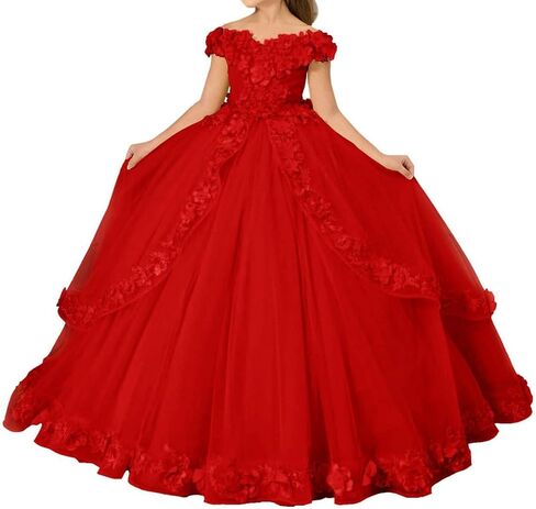 Tulle Flower Girl Dress Off Shoulder Pageant Dress for Girls Floral Appliques Ball Gown First Communion Maxi Party Dress in Kuwait