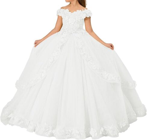Tulle Flower Girl Dress Off Shoulder Pageant Dress for Girls Floral Appliques Ball Gown First Communion Maxi Party Dress in Kuwait